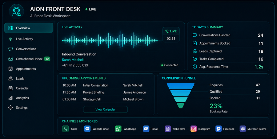 AION Front Desk live enquiry and booking workspace preview