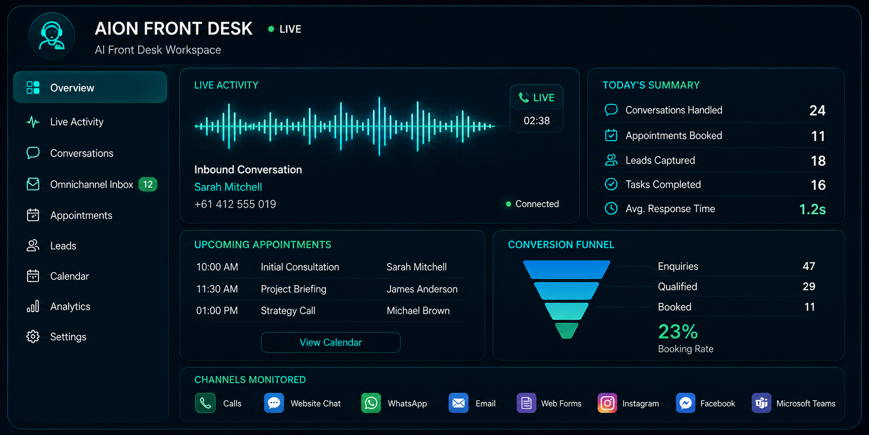 AION Front Desk live enquiry and booking workspace preview